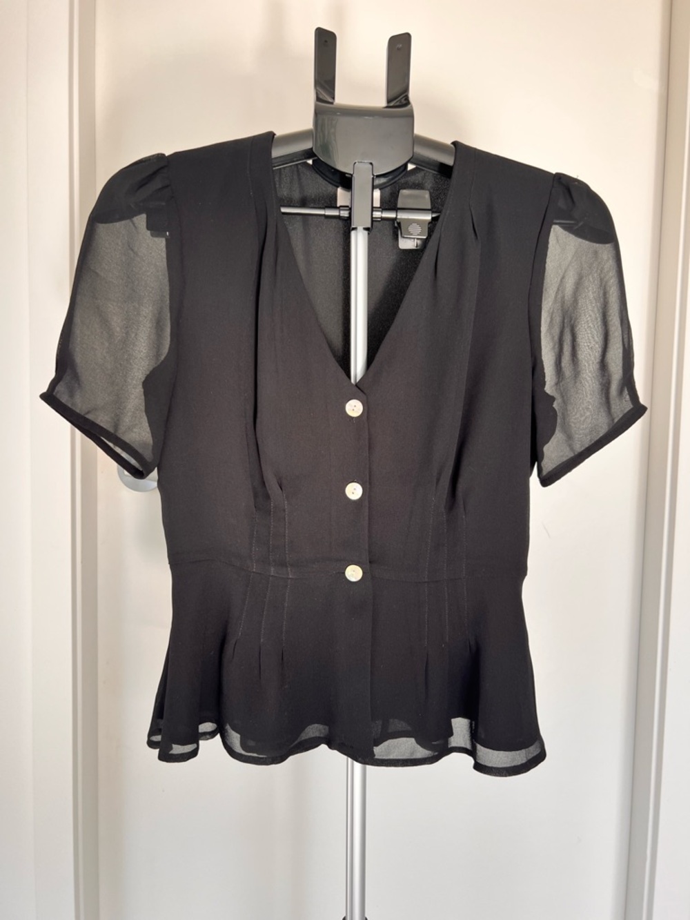 Wilfred Black V-Neck Peplum Blouse with Sheer Short Sleeves